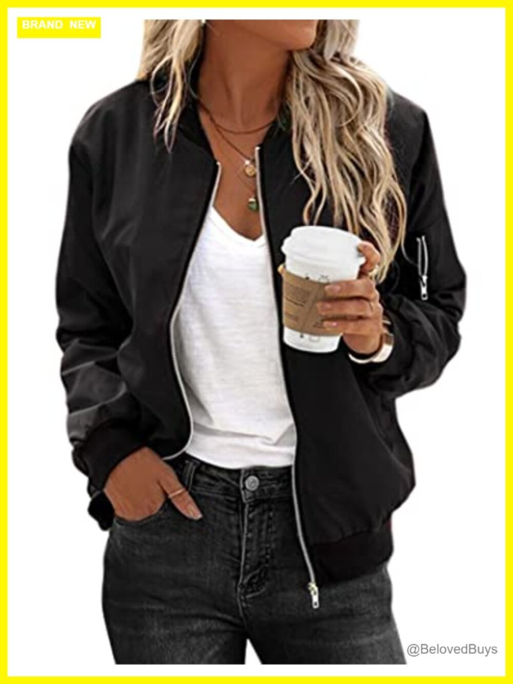 Women Bomber Jacket Casual Coat Lightweight Quilted Zip Up Pockets